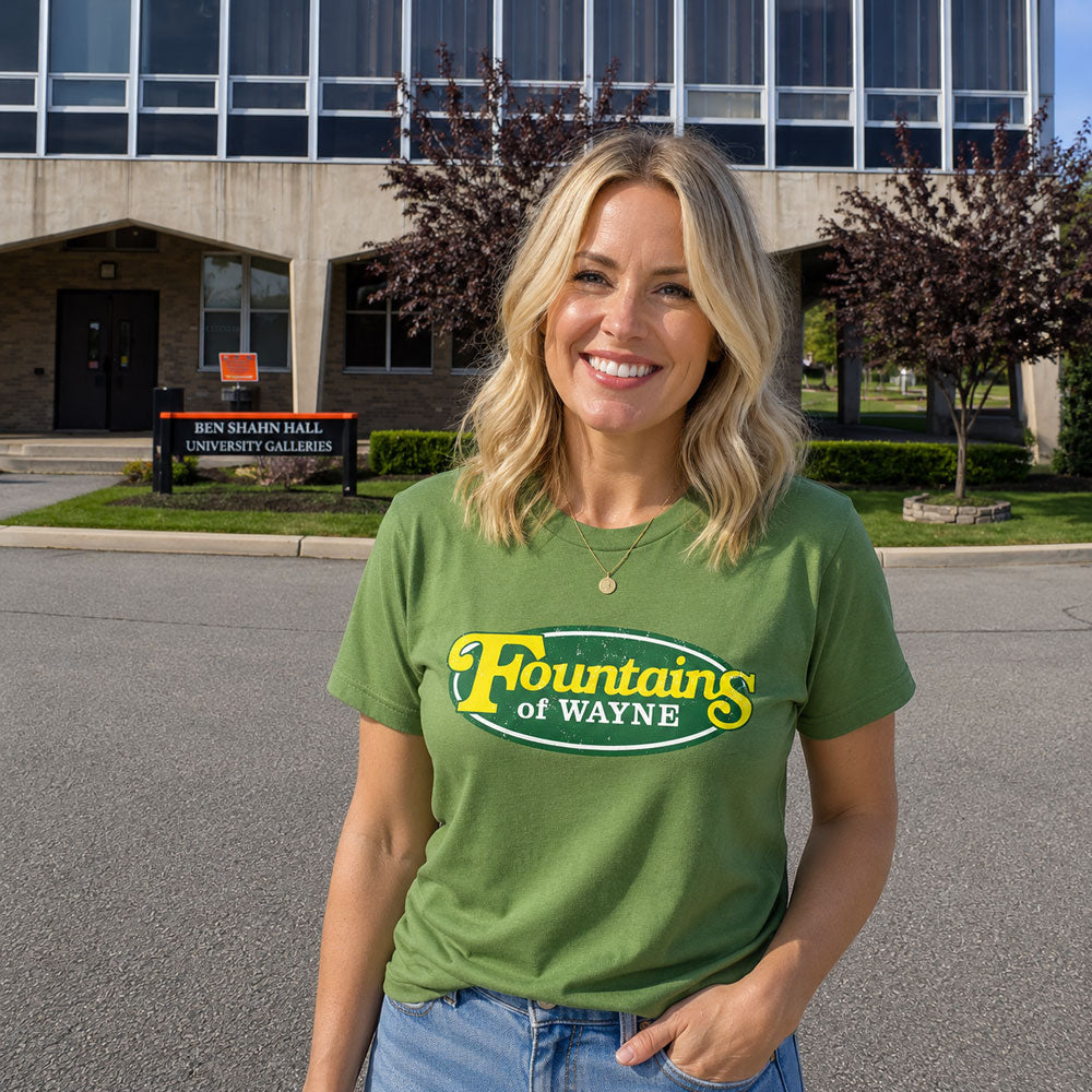 Woman standing outside a building in Wayne NJ wearing Fountains of Wayne retro t-shirt