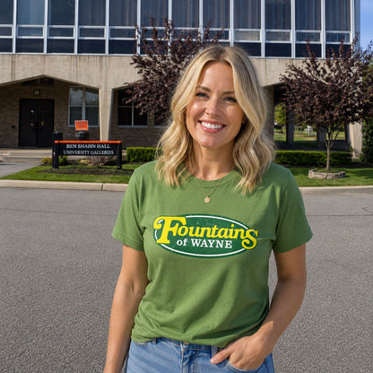 Woman standing outside a building in Wayne NJ wearing Fountains of Wayne retro t-shirt