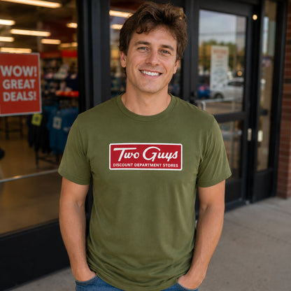 Man standing outside a department storefront wearing Two Guys Discount Department Stores NJ t-shirt