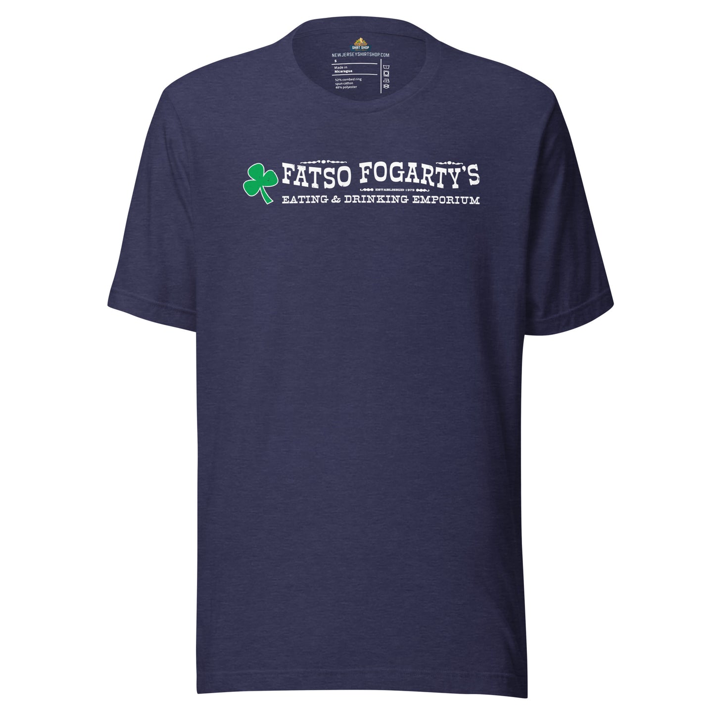 Fatso Fogarty's North Arlington NJ retro t-shirt, heather midnight navy, front
